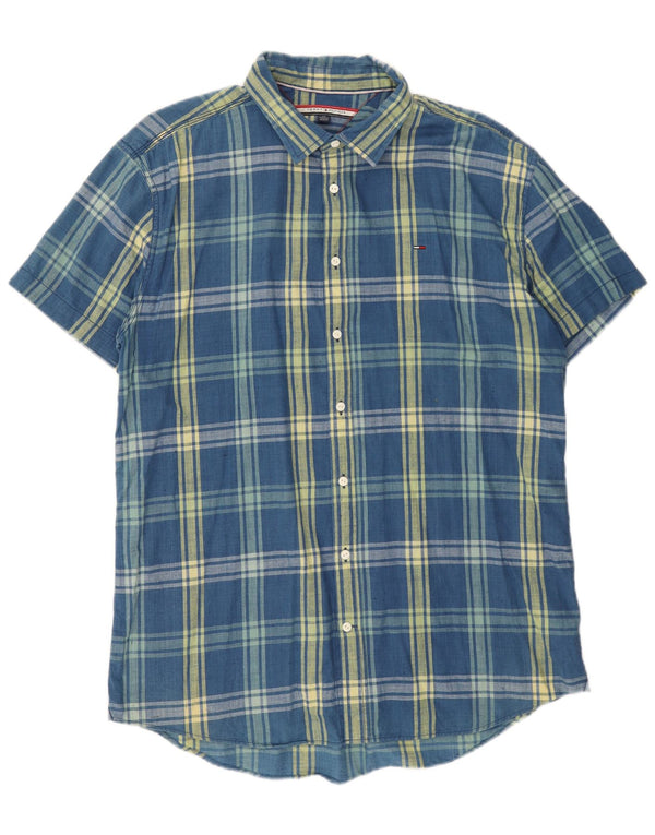 Tommy Hilfiger Mens Short Sleeve Shirt 2XL Blue Plaid Cotton