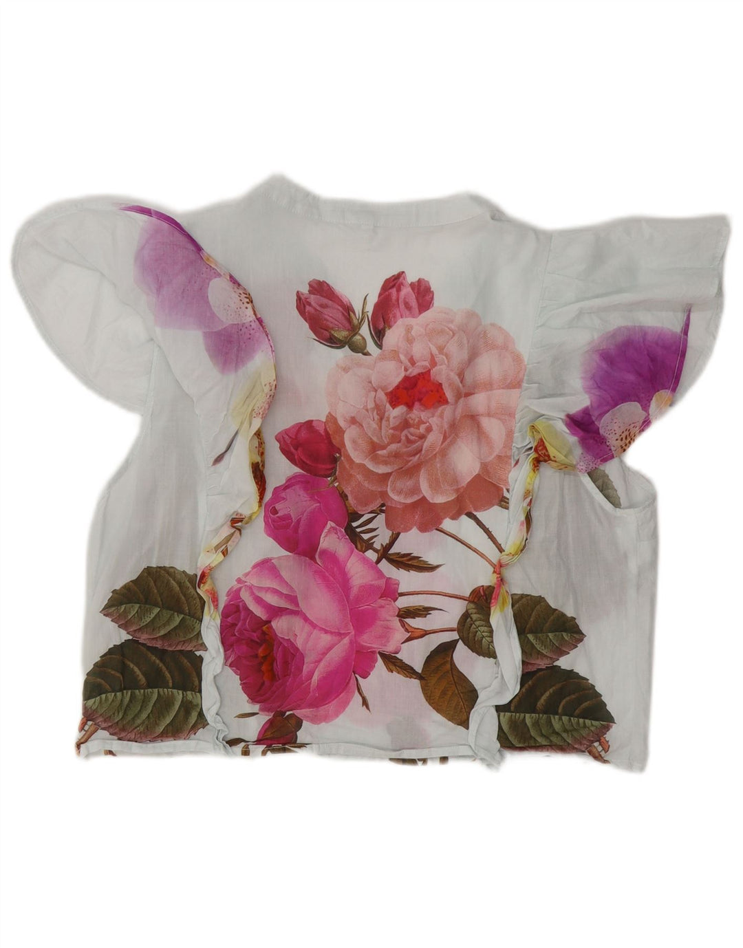 DESIGUAL Womens Crop Ruffle Front Blouse Top UK 18 XL White Floral Cotton