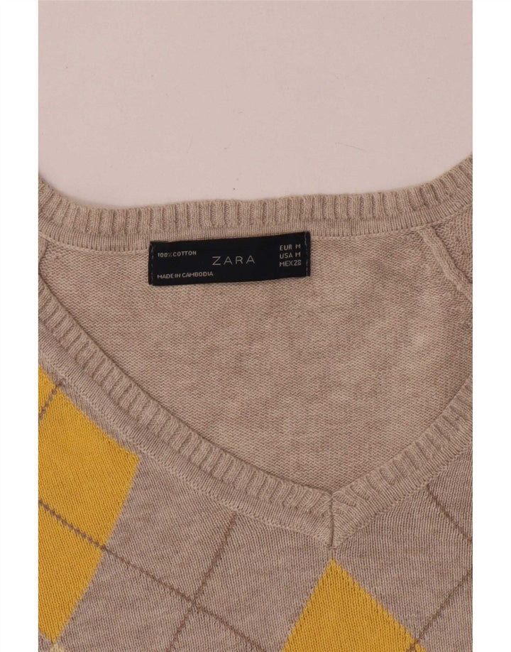 Zara Womens Crop V-Neck Jumper Sweater UK 12 Medium Grey Argyle/Diamond