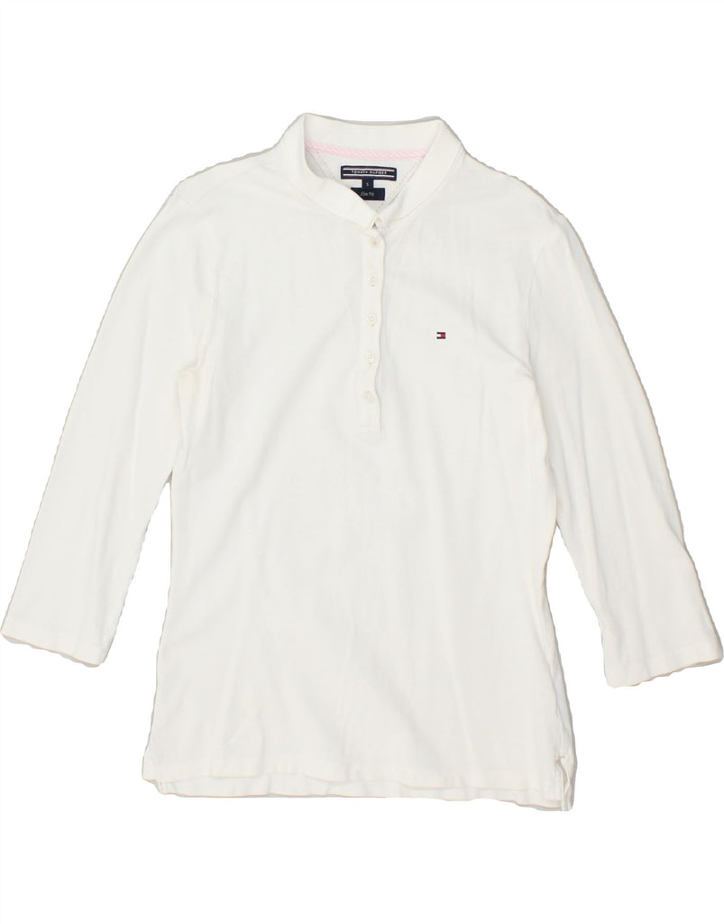 TOMMY HILFIGER Womens Slim Fit Long Sleeve Polo Shirt UK 10 Small White | Vintage Tommy Hilfiger | Thrift | Second-Hand Tommy Hilfiger | Used Clothing | Messina Hembry 