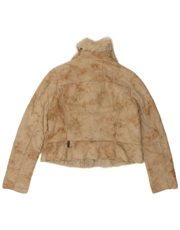 Armani Jeans Womens Crop Sherpa Jacket IT 44 Medium Beige Tie Dye Acrylic
