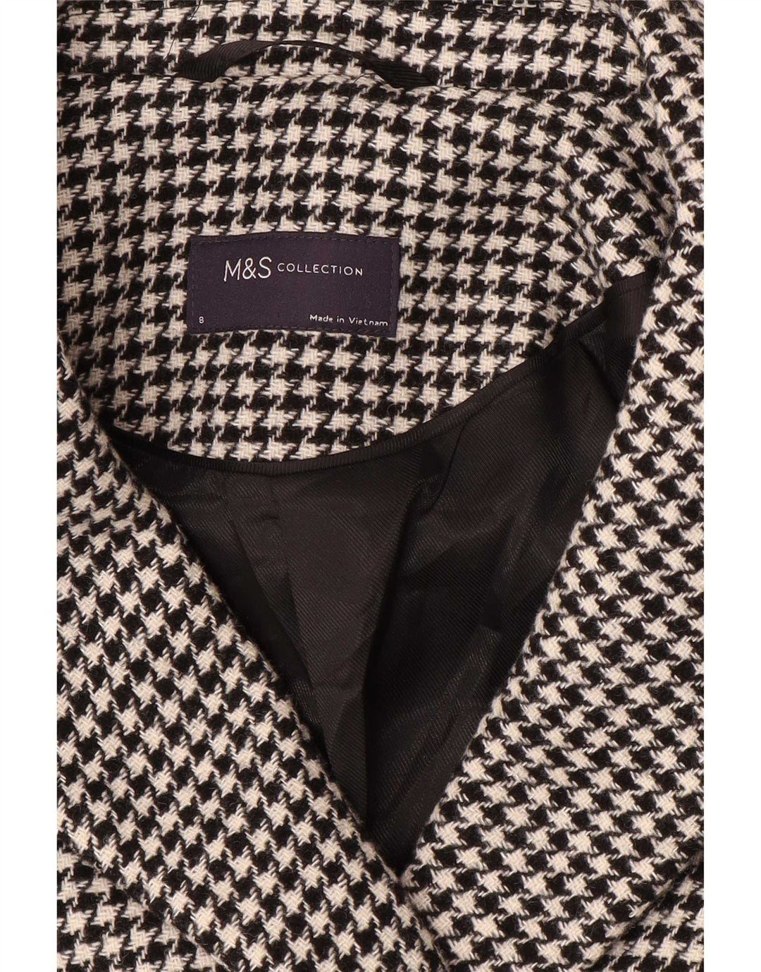 Marks & Spencer Womens Double Breasted Coat UK 8 Small Black Houndstooth