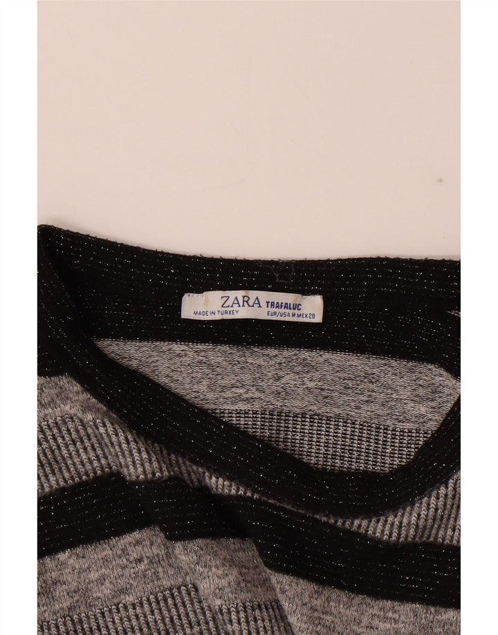 ZARA Womens Crop Boat Neck Jumper Sweater UK 12 Medium Grey Striped Vintage Zara and Second-Hand Zara from Messina Hembry 