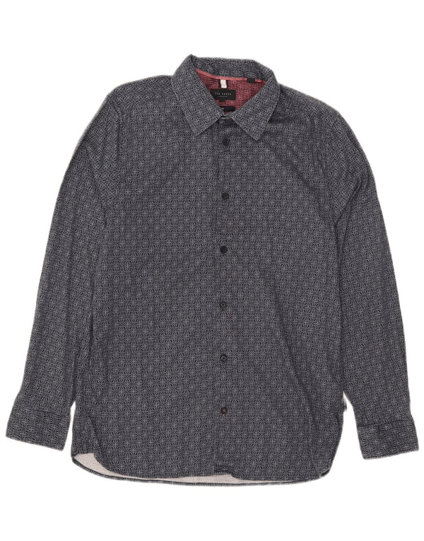 Ted Baker Mens Slim Fit Shirt Size 4 Large Navy Blue Geometric Cotton