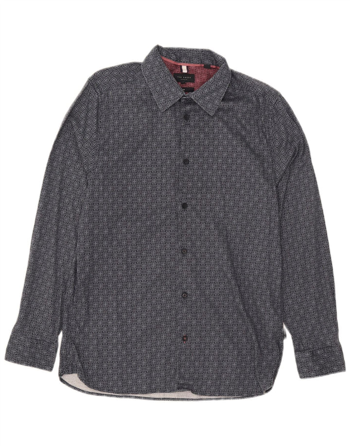 Ted Baker Mens Slim Fit Shirt Size 4 Large Navy Blue Geometric Cotton