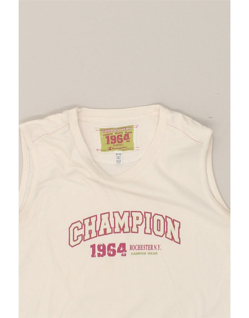 CHAMPION Girls Graphic Vest Top 13-14 Years XL White Cotton | Vintage Champion | Thrift | Second-Hand Champion | Used Clothing | Messina Hembry 