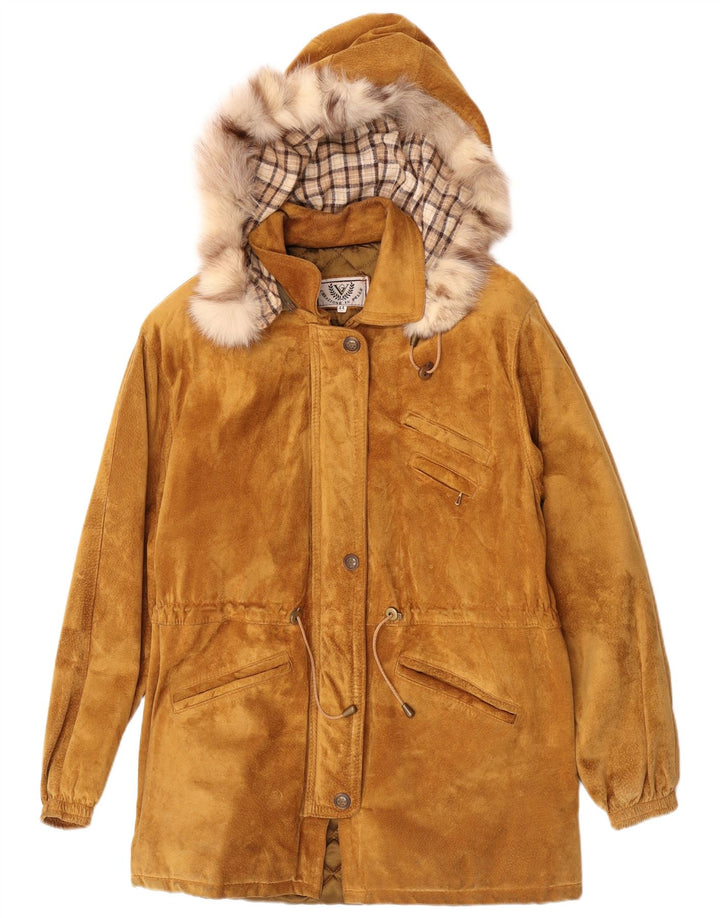 Vintage Womens Hooded Suede Parka Jacket IT 44 Medium Brown Leather Winter