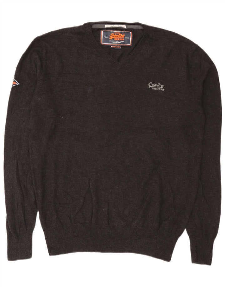 Superdry Mens V-Neck Jumper Sweater XL Grey Cotton