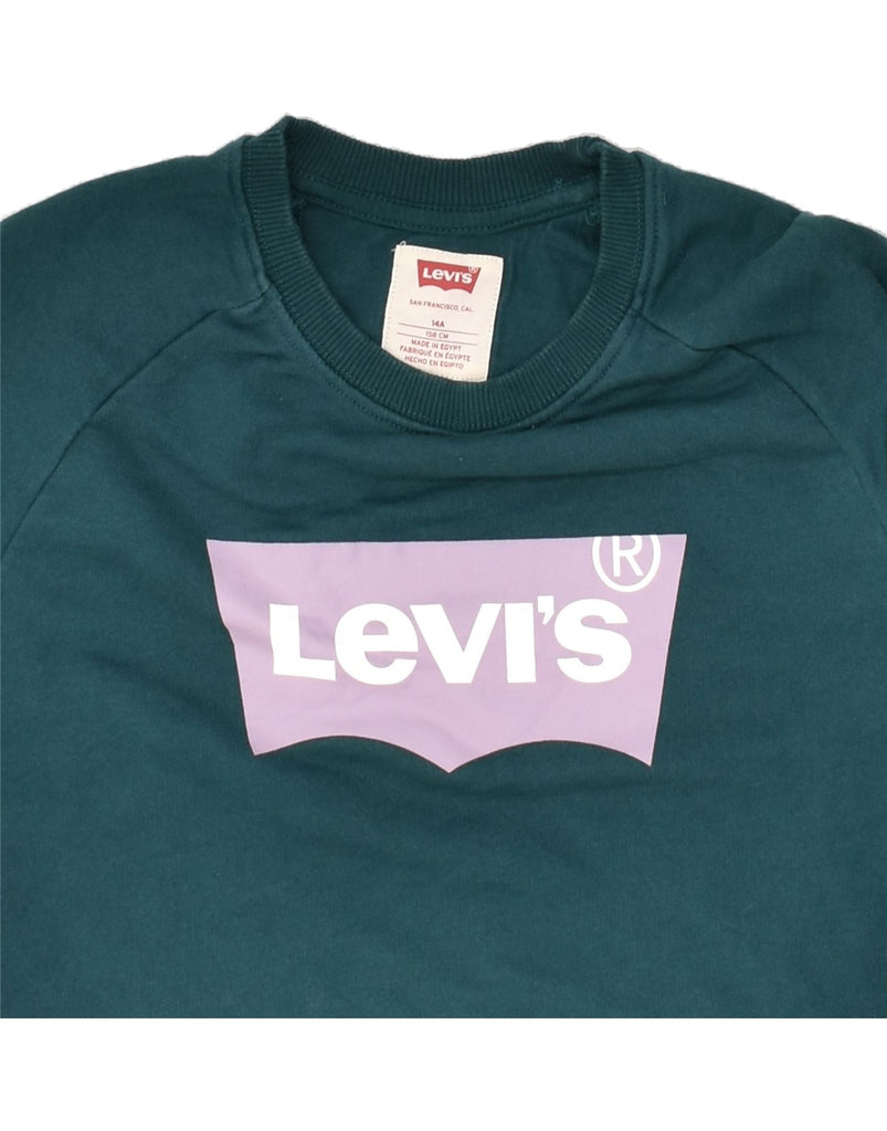 LEVI'S Girls Graphic Sweatshirt Jumper 13-14 Years Green Cotton | Vintage Levi's | Thrift | Second-Hand Levi's | Used Clothing | Messina Hembry 