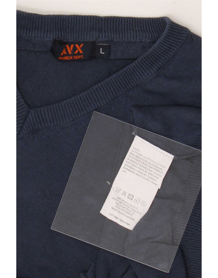 Avirex Mens V-Neck Jumper Sweater Large Blue Cotton