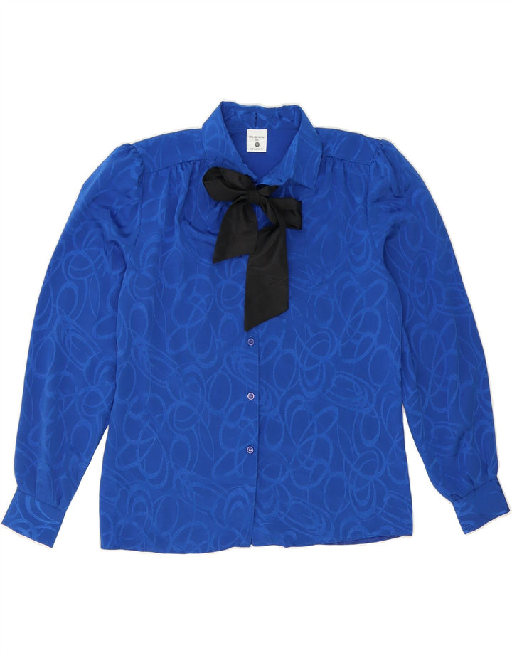 VINTAGE Womens Abstract Pattern Front Tie Shirt Blouse UK 12 Medium Blue Vintage Vintage and Second-Hand Vintage from Messina Hembry 