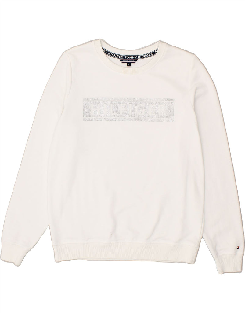 TOMMY HILFIGER Womens Graphic Sweatshirt Jumper UK 14 Medium White Vintage Tommy Hilfiger and Second-Hand Tommy Hilfiger from Messina Hembry 