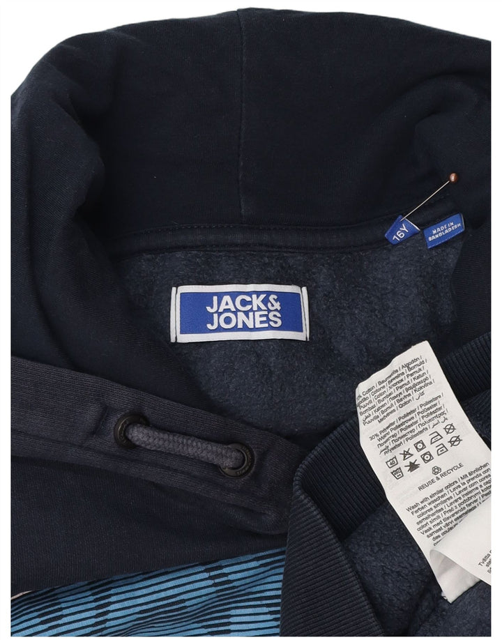 JACK & JONES Boys Graphic Hoodie Jumper 15-16 Years Navy Blue Cotton