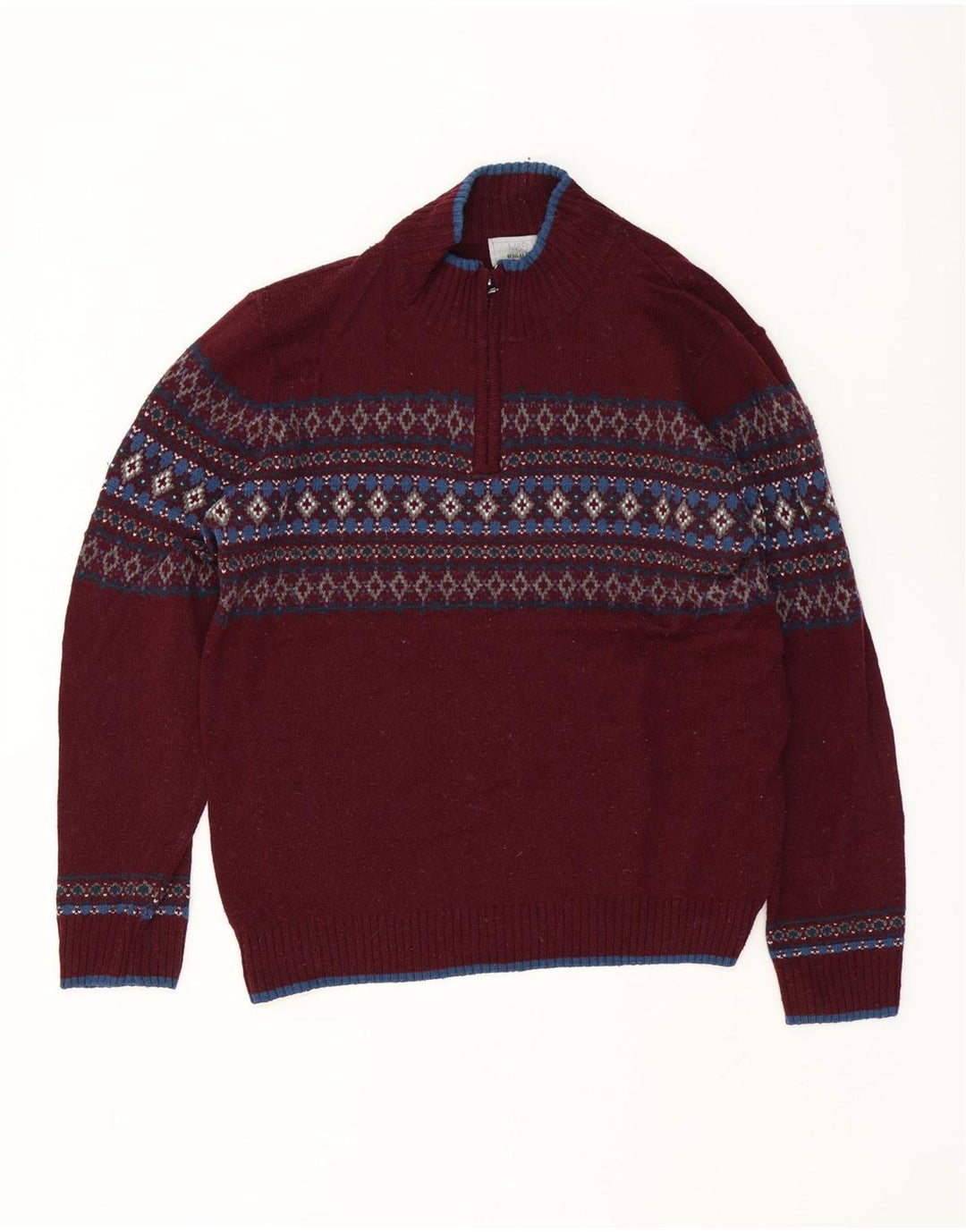 Marks & Spencer Mens Zip Neck Jumper Sweater Large Burgundy Fair Isle