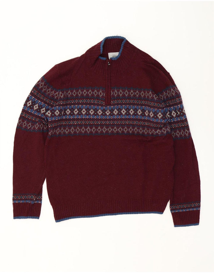 Marks & Spencer Mens Zip Neck Jumper Sweater Large Burgundy Fair Isle