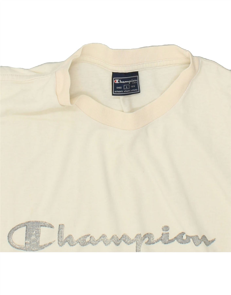 CHAMPION Womens Graphic T-Shirt Top UK 16 Large Off White | Vintage Champion | Thrift | Second-Hand Champion | Used Clothing | Messina Hembry 