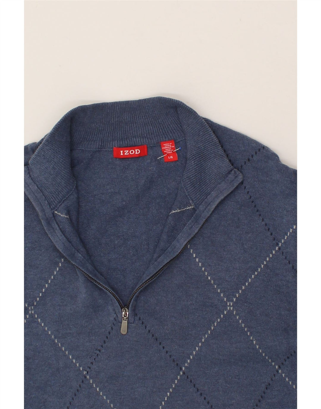 IZOD Mens Zip Neck Jumper Sweater Large Navy Blue Argyle/Diamond Cotton Vintage Izod and Second-Hand Izod from Messina Hembry 