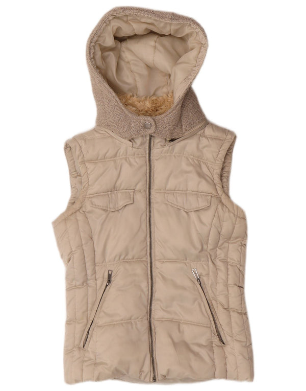 Zara Womens Hooded Padded Gilet UK 10 Small Beige Polyester