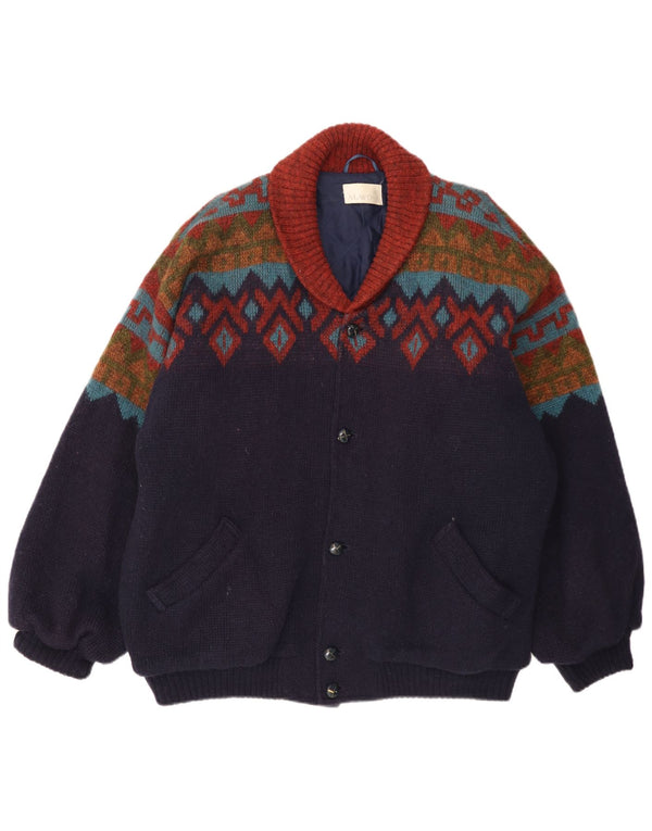 Alafoss Mens Loose Fit Knit Bomber Jacket UK 42 XL Navy Blue Geometric Wool