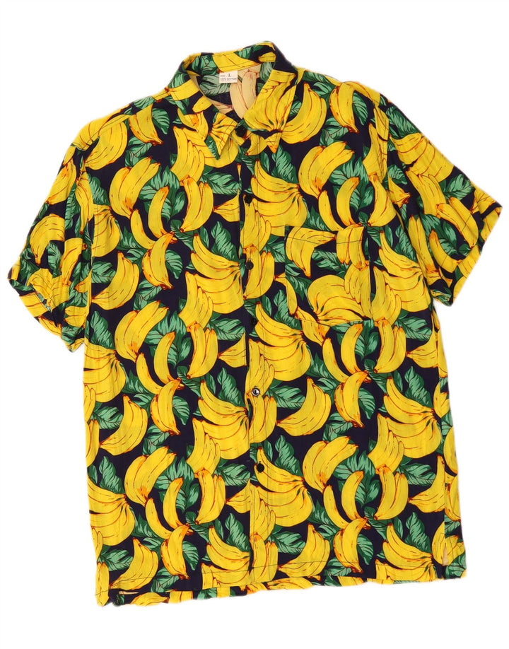 Vintage Mens Abstract Pattern Short Sleeve Shirt Large Yellow Cotton