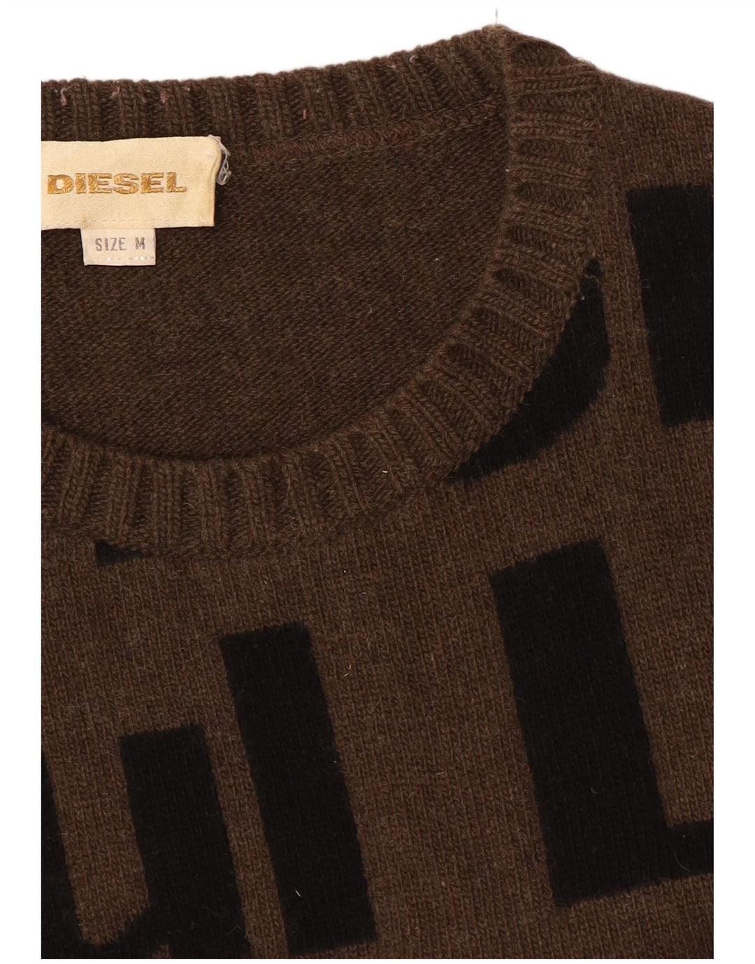 Diesel Mens Graphic Crew Neck Jumper Sweater Medium Brown Wool