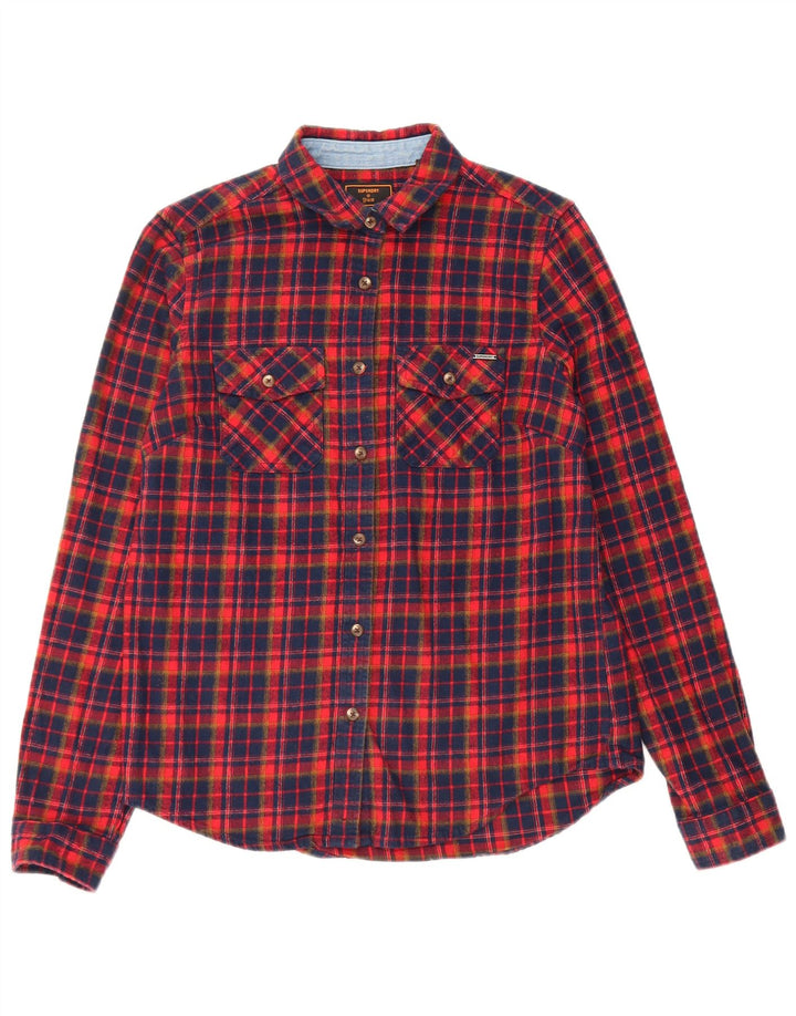 Superdry Womens Flannel Shirt UK 8 Small Navy Blue Check Cotton
