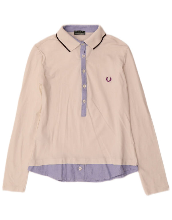 Fred Perry Womens Long Sleeve Polo Shirt UK 12 Medium White Colourblock