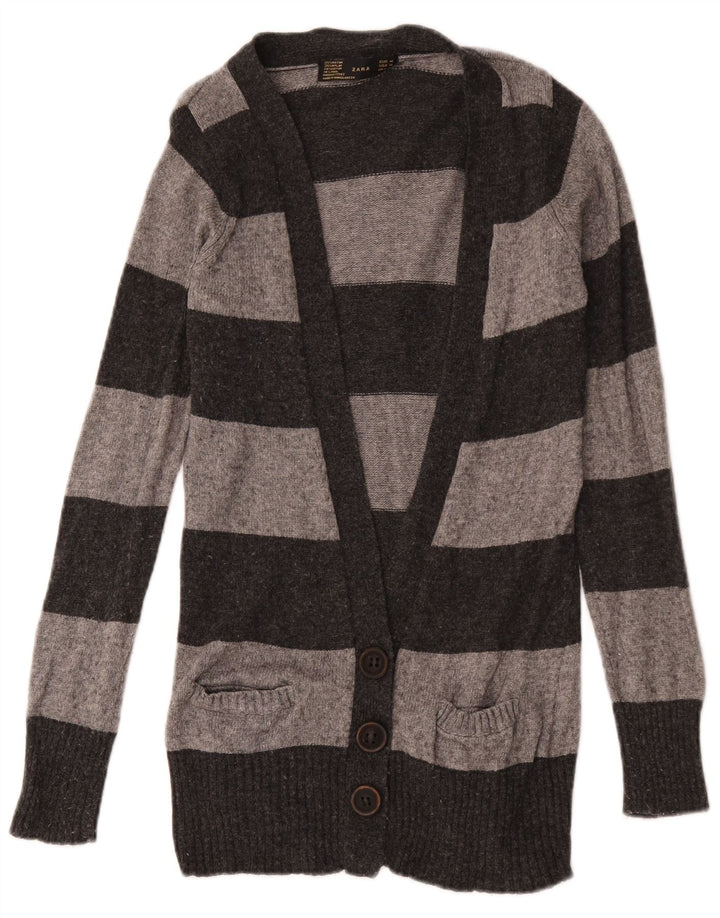 Zara Womens Cardigan Sweater UK 12 Medium Grey Striped Rayon