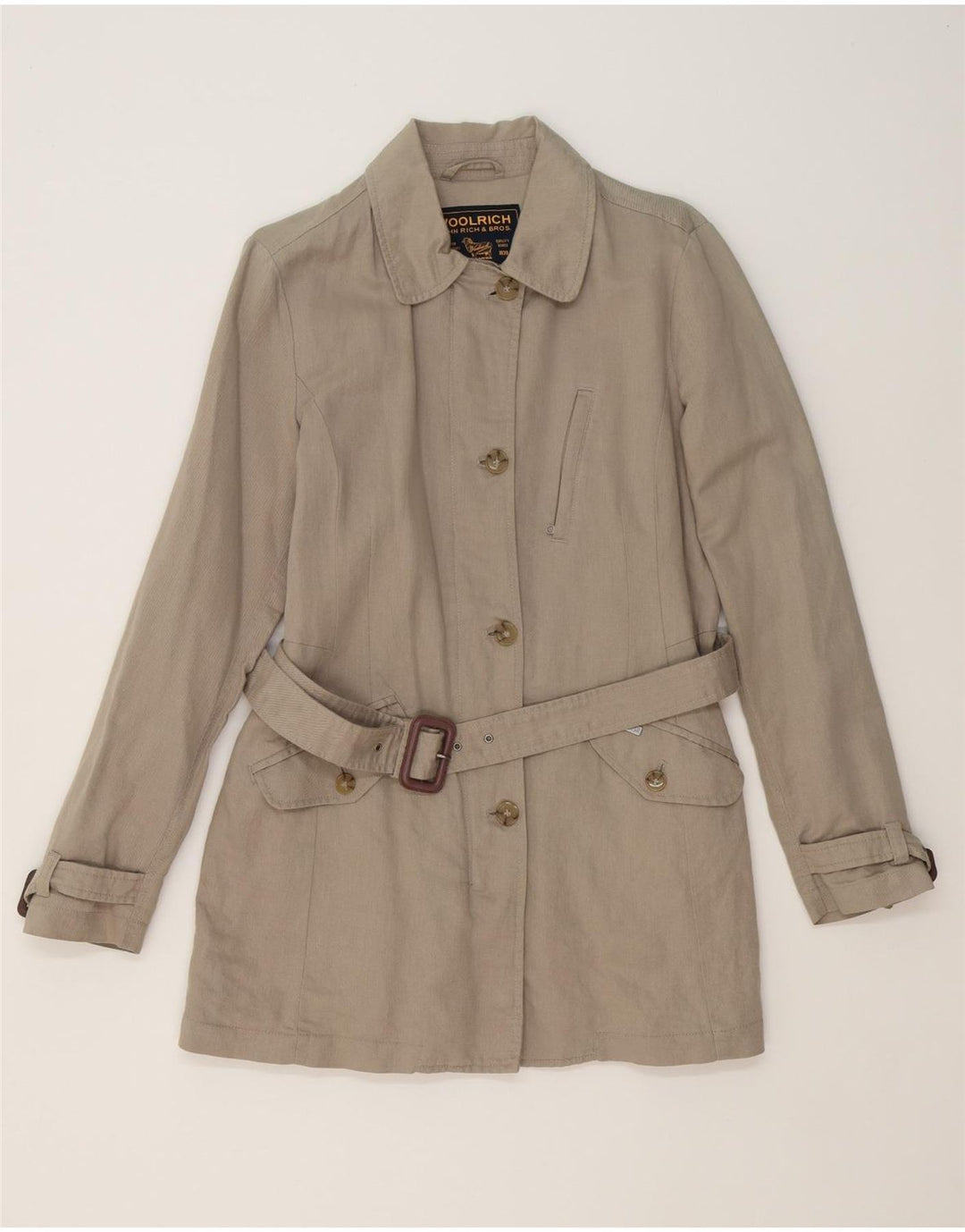 WOOLRICH Womens Trench Coat UK 14 Medium Grey Ramie Vintage Woolrich and Second-Hand Woolrich from Messina Hembry 