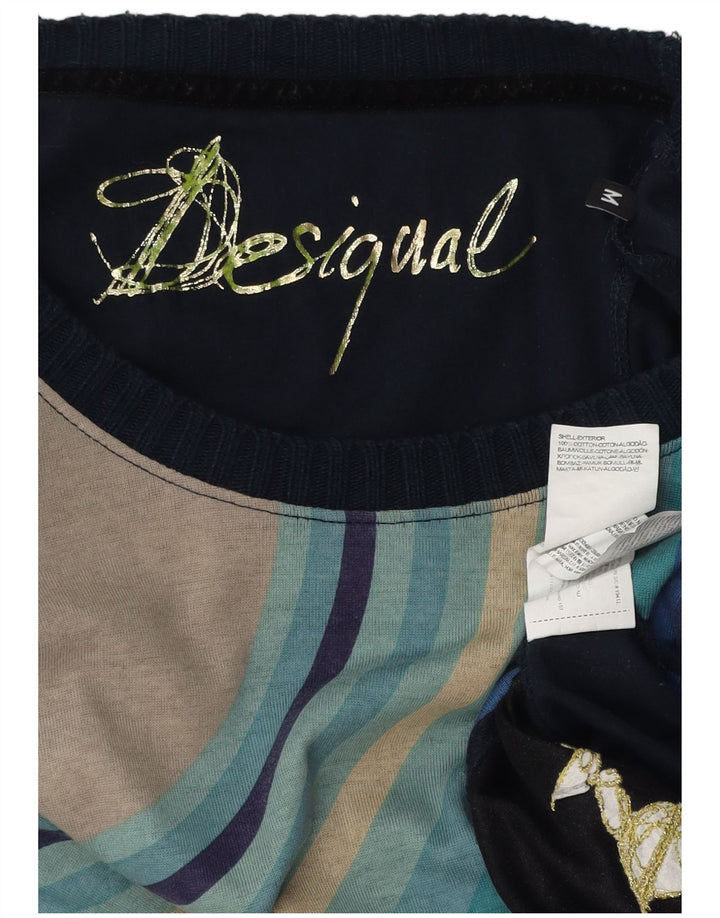 DESIGUAL Womens Graphic Top Long Sleeve UK 12 Medium Blue Striped Cotton