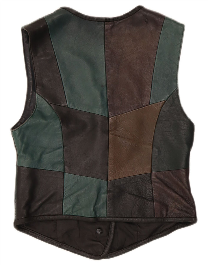 Vintage Womens Leather Waistcoat IT 38 XS Black Patchwork Leather