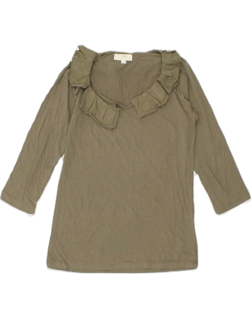 MARLBORO CLASSICS Womens Ruffle Front Top Long Sleeve UK 12 Medium Khaki | Vintage Marlboro Classics | Thrift | Second-Hand Marlboro Classics | Used Clothing | Messina Hembry 