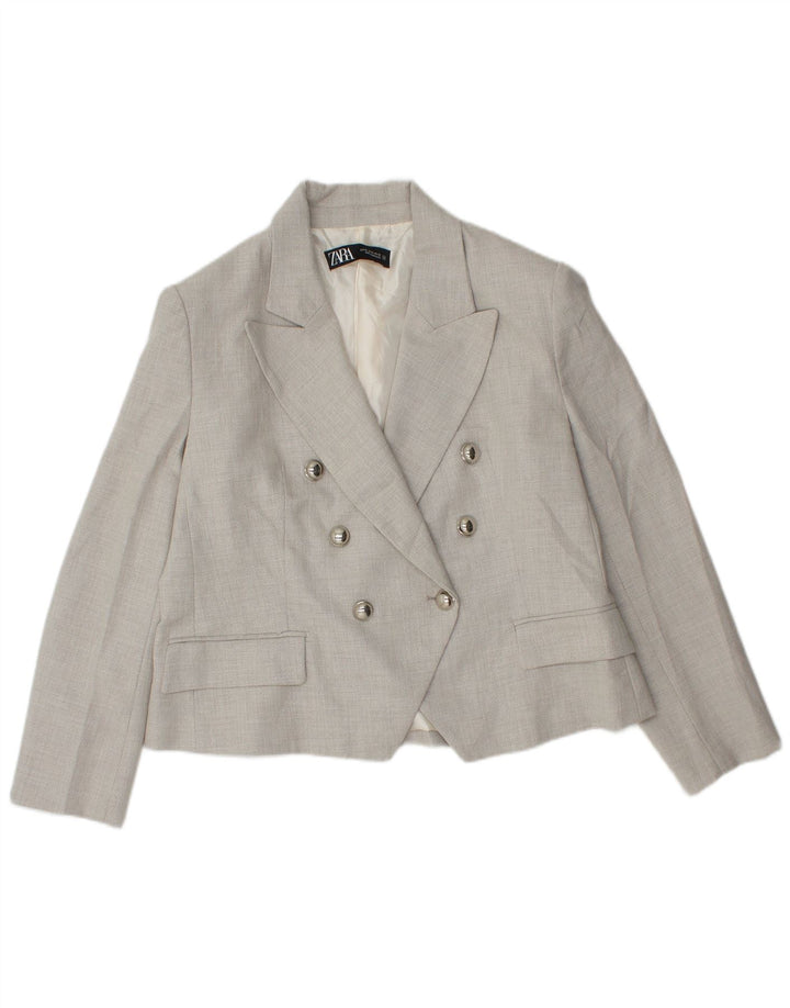 Zara Womens Crop Double Breasted Blazer Jacket UK 18 XL Grey Polyester