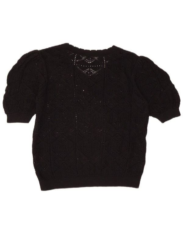 Vintage Womens Short Sleeve V-Neck Jumper Sweater UK 12 Medium Black