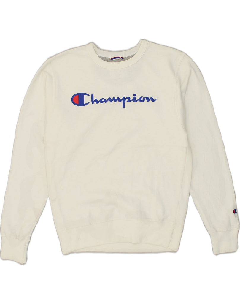 CHAMPION Mens Graphic Sweatshirt Jumper Small White Cotton | Vintage Champion | Thrift | Second-Hand Champion | Used Clothing | Messina Hembry 