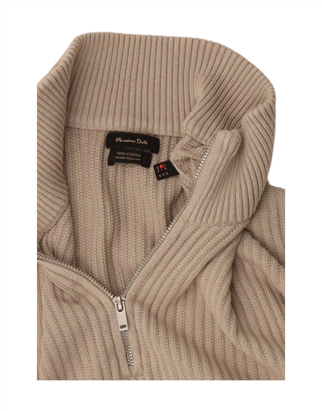 Massimo Dutti Mens Zip Neck Jumper Sweater Medium Beige Cotton