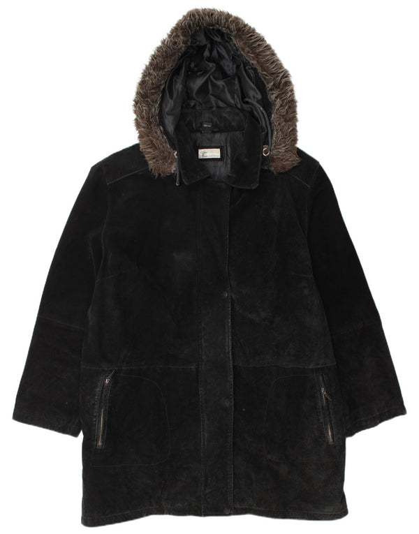 Chalice Womens Hooded Suede Windbreaker Coat UK 22 3XL Black Leather