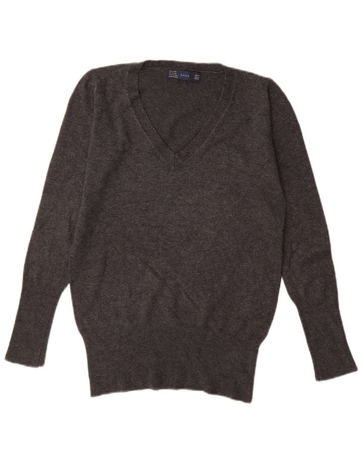 Zara Womens V-Neck Jumper Sweater UK 12 Medium Grey Rayon