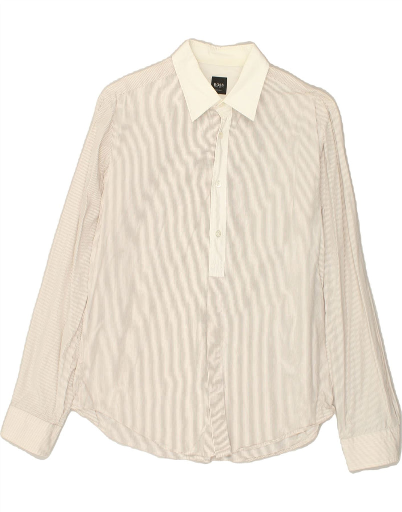 HUGO BOSS Mens Slim Fit Shirt Large Off White Pinstripe Cotton | Vintage Hugo Boss | Thrift | Second-Hand Hugo Boss | Used Clothing | Messina Hembry 