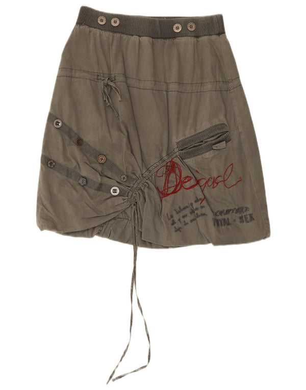 Desigual Womens Graphic Bubble Skirt EU 36 Small W28 Khaki Cotton