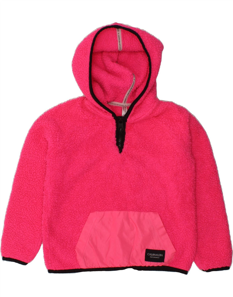 CALVIN KLEIN Girls Hooded Zip Neck Fleece Jumper 5-6 Years XS Pink | Vintage Calvin Klein | Thrift | Second-Hand Calvin Klein | Used Clothing | Messina Hembry 