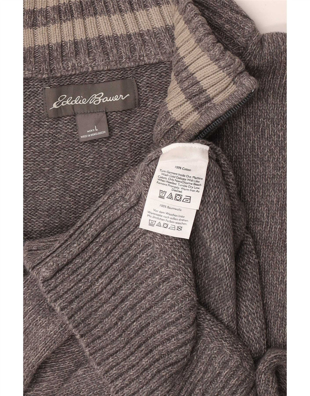 Eddie Bauer Mens Zip Neck Jumper Sweater Large Grey Flecked Cotton