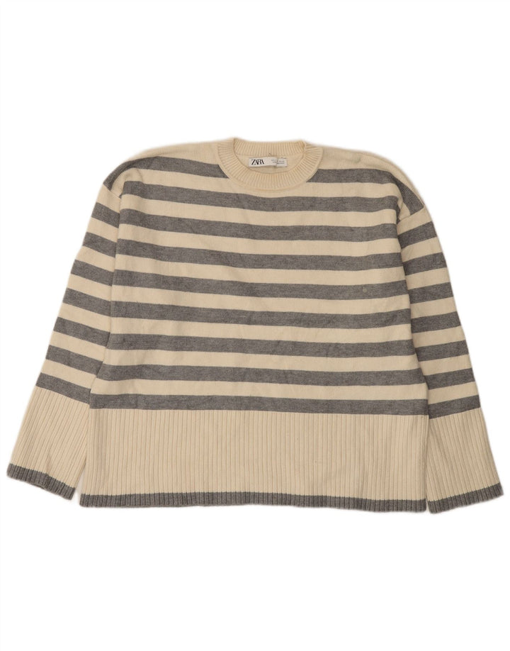 Zara Womens Oversized Crew Neck Jumper Sweater UK 10 Small White Striped