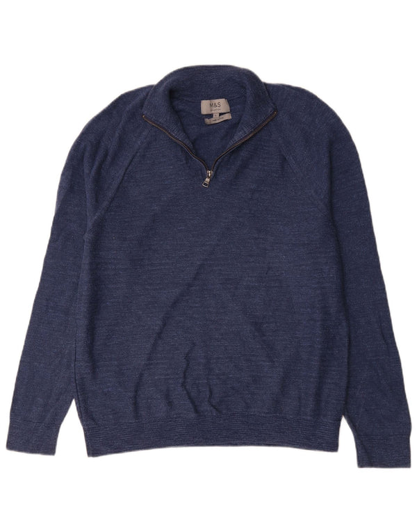 Marks & Spencer Mens Zip Neck Jumper Sweater Large Blue Flecked Cotton