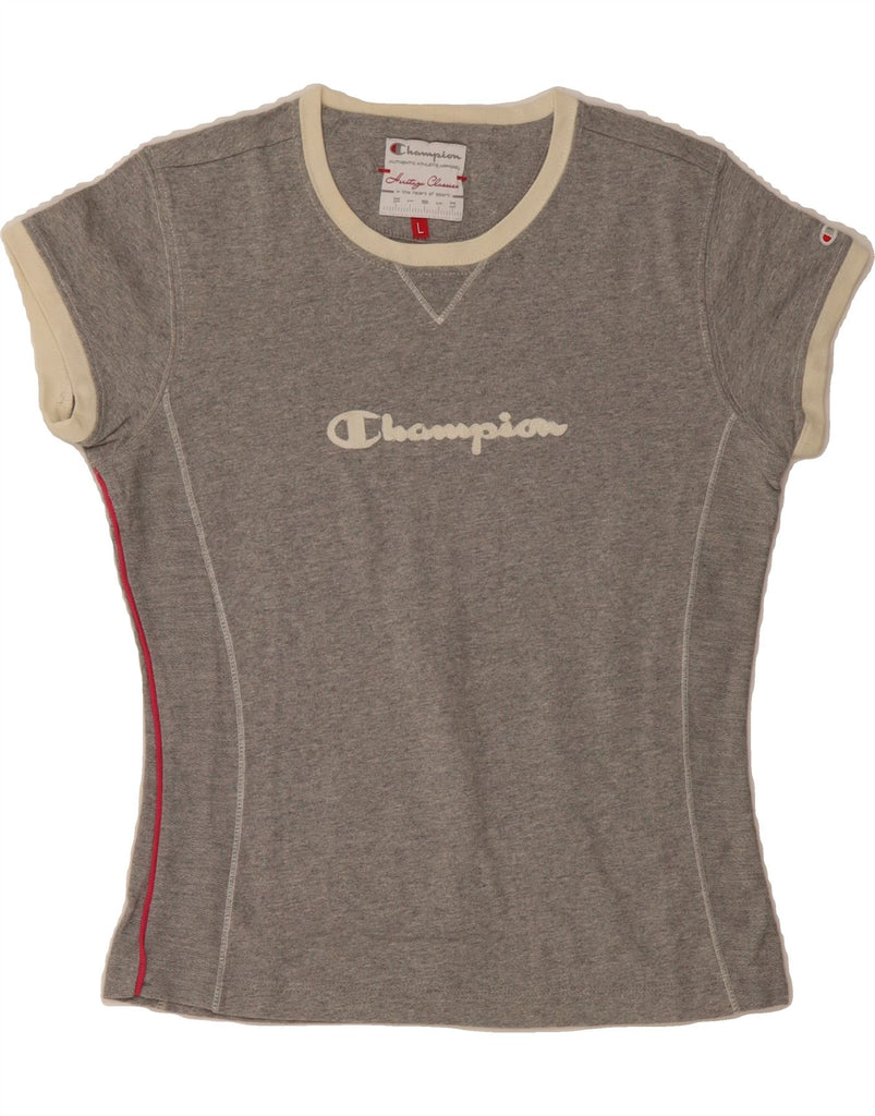 CHAMPION Womens Graphic T-Shirt Top UK 14 Large Grey Cotton Vintage Champion and Second-Hand Champion from Messina Hembry 