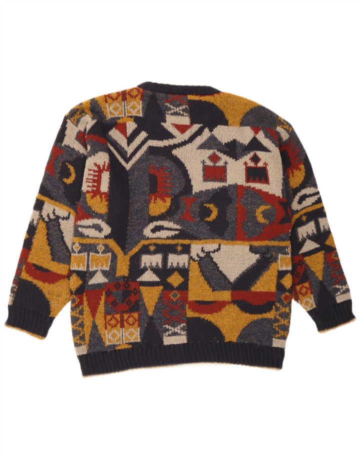 Vintage Mens Crew Neck Jumper Sweater Large Multicoloured Geometric