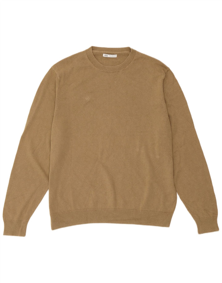 Zara Mens Crew Neck Jumper Sweater XL Beige Linen