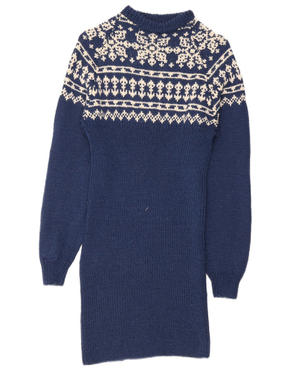 Vintage Womens Long Sleeve Jumper Dress UK 10 Small Blue Fair Isle