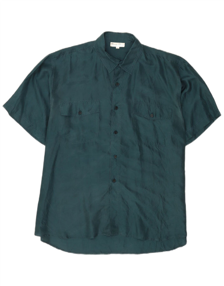 Vintage Mens Short Sleeve Shirt Large Green Silk