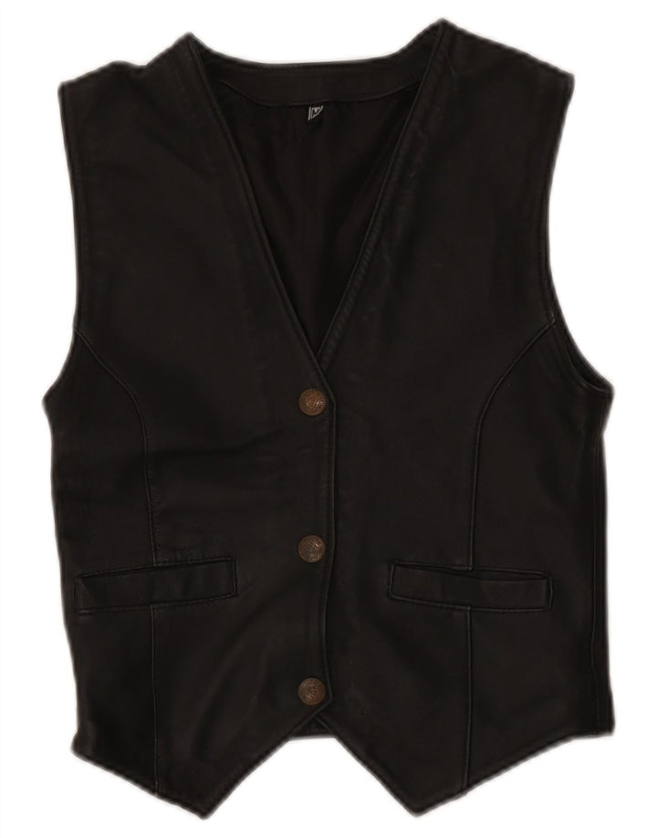 Vintage Womens Leather Waistcoat UK 12 Medium Black